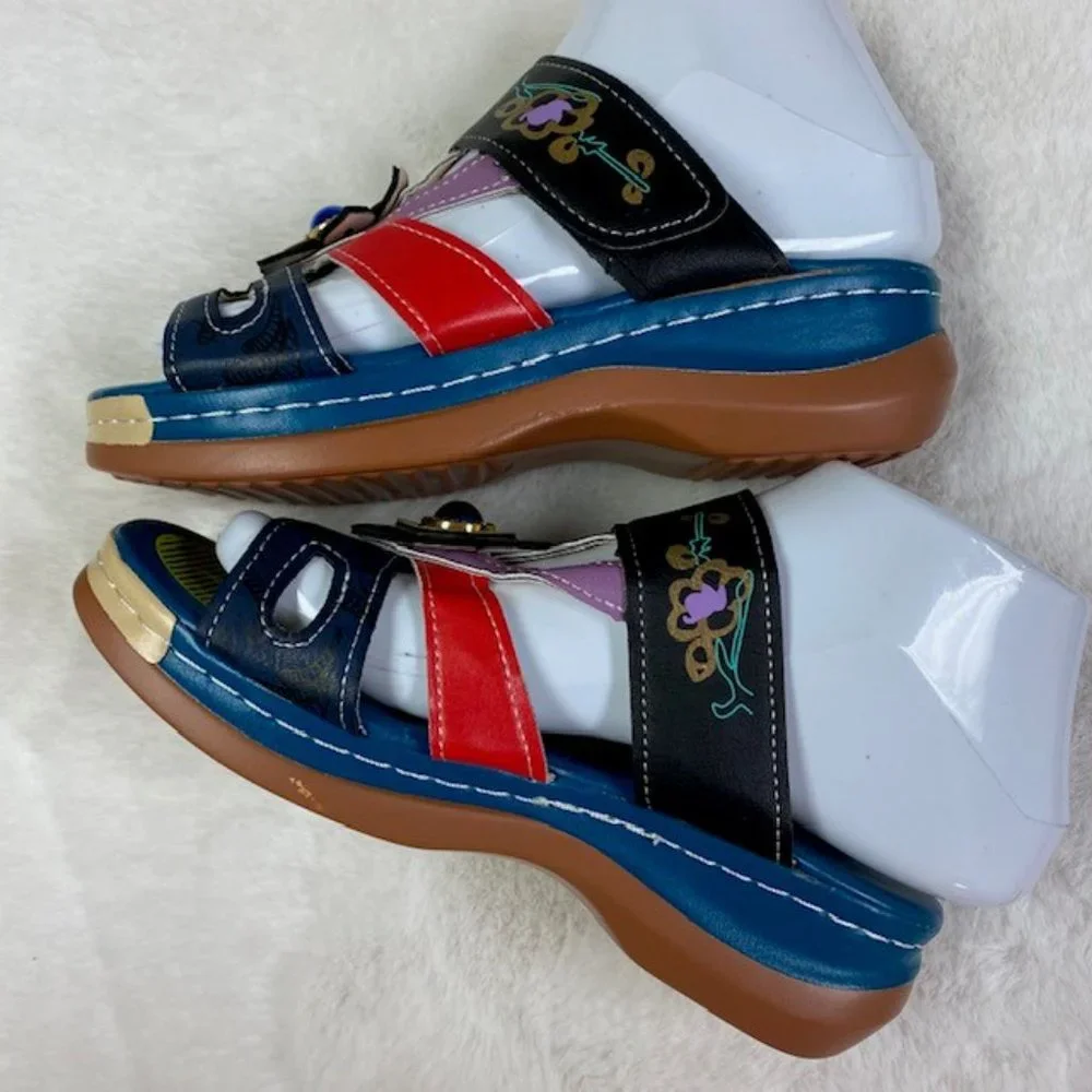 Colorful Hook and Loop‎ Summer Boho Wedge Sandals, size EU 35, US 5